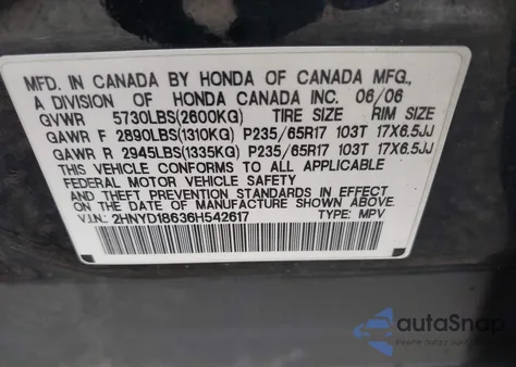 2006 Acura Mdx из США, поврежденный, VIN 2HNYD18636H542617